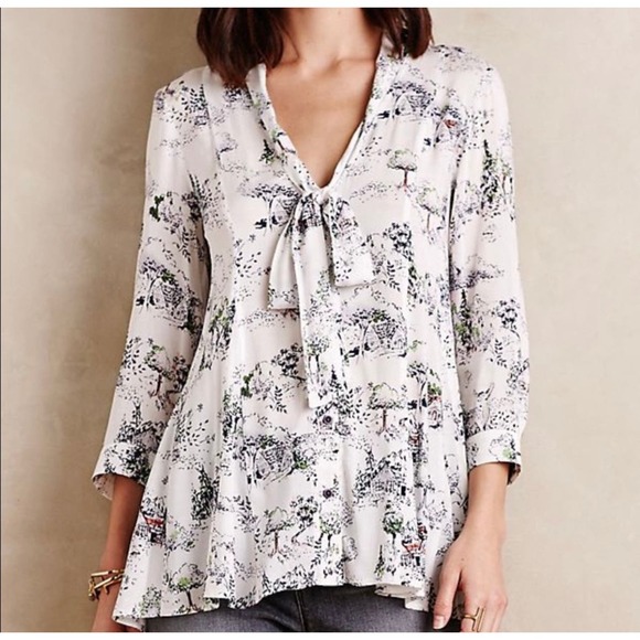 Anthropologie Maeve Swing Blouse SMALL Toile Novelty Tie Neck 3/4 Sleeve Button - Picture 1 of 12